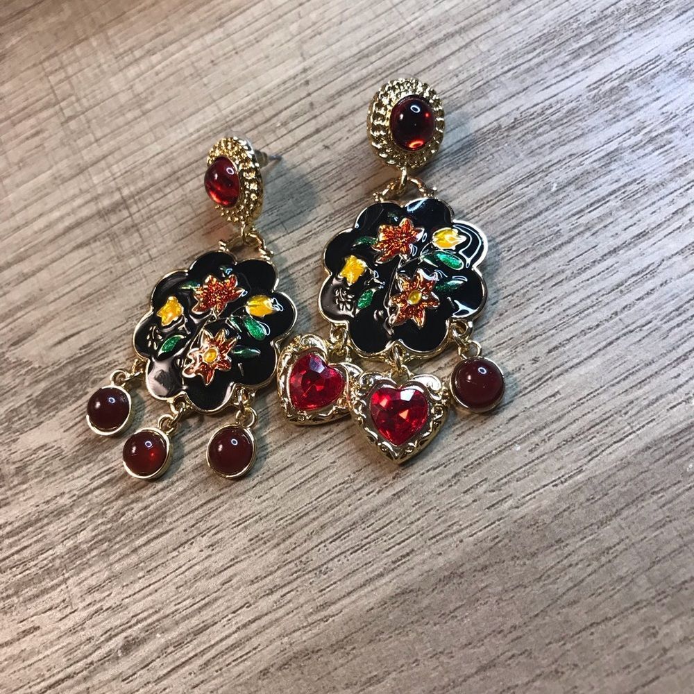 Baroque Heart Bead Floral Black Gold and Red Statement Drop Earrings